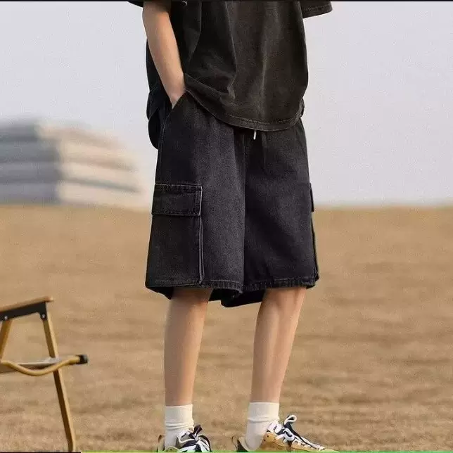 跨境爆款日系复古新款工装牛仔短裤男士夏季机能风大口袋宽松直筒