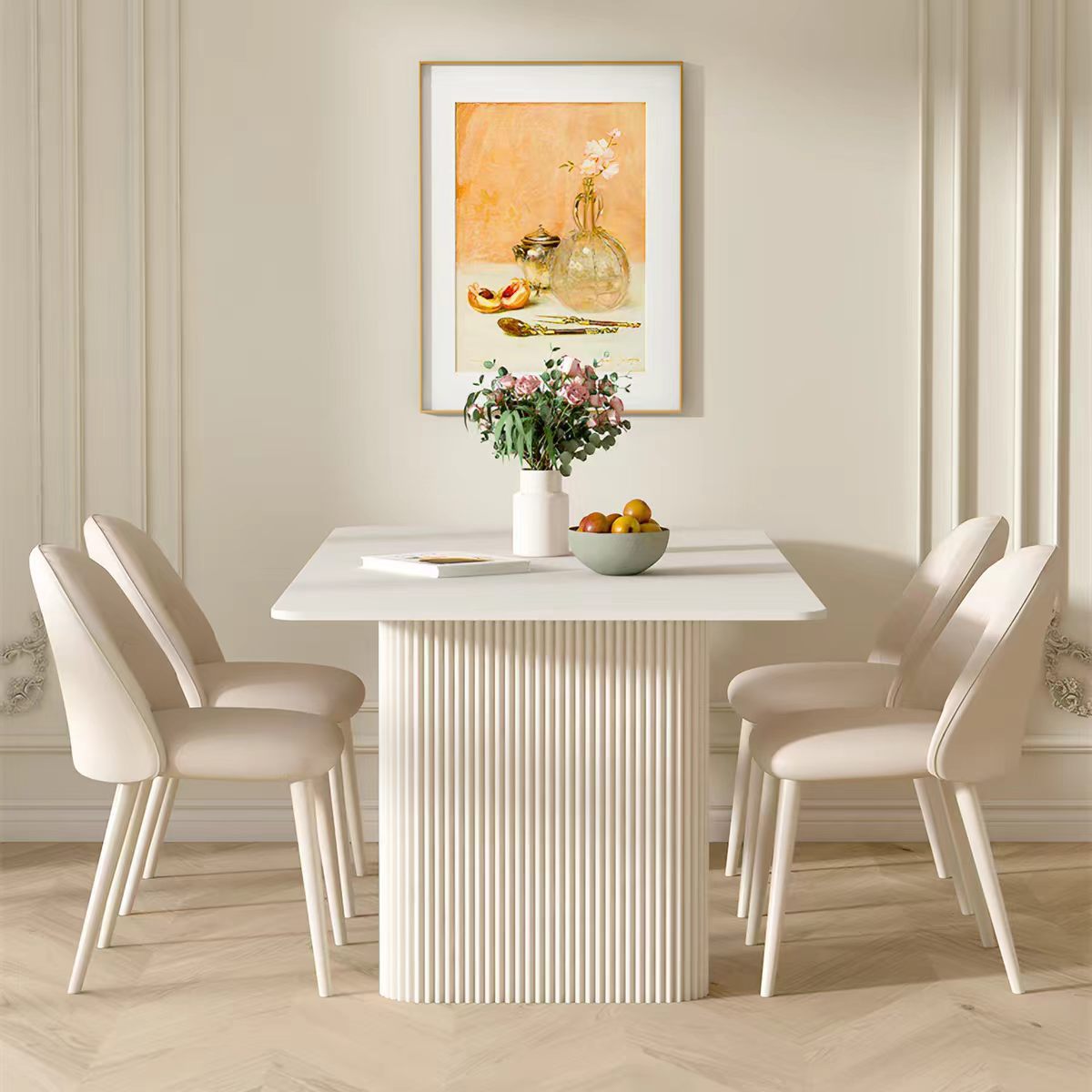 Cream-Colored Slate Dining Table for Small Apartments, Rectangular Home Dining Table and Chair Set, French-Style Light Luxury Dining Room, Matte Dining Table