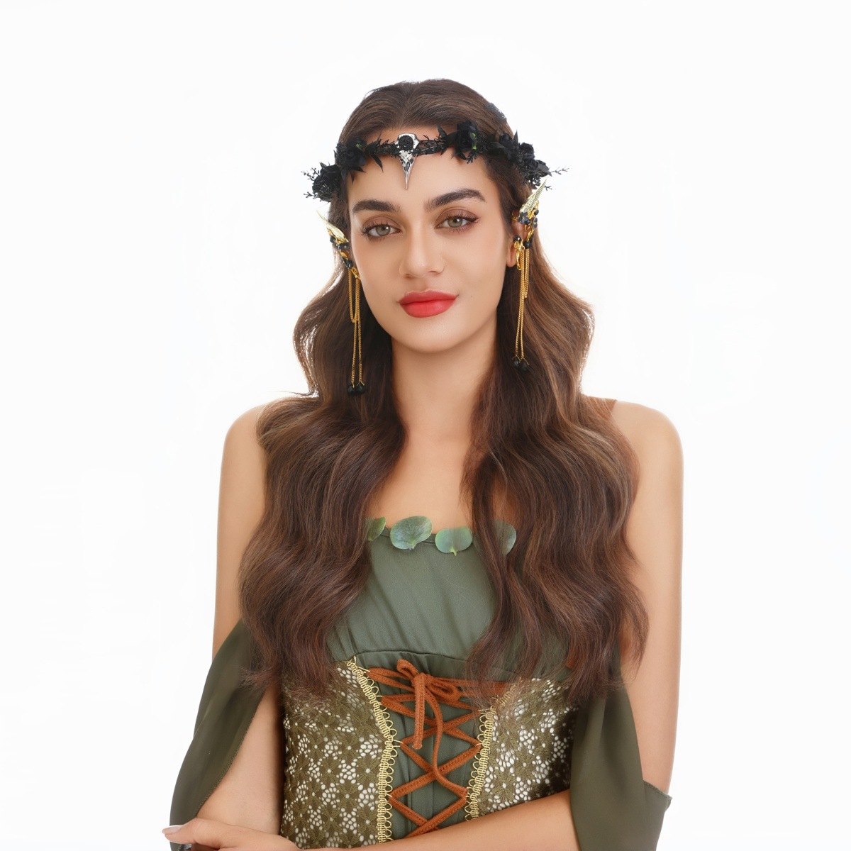 Cross-Border Halloween Costume Masquerade Flower Fairy Butterfly Elf Ear Hanging Crystal Hand-Woven Headdress Ear Hanging