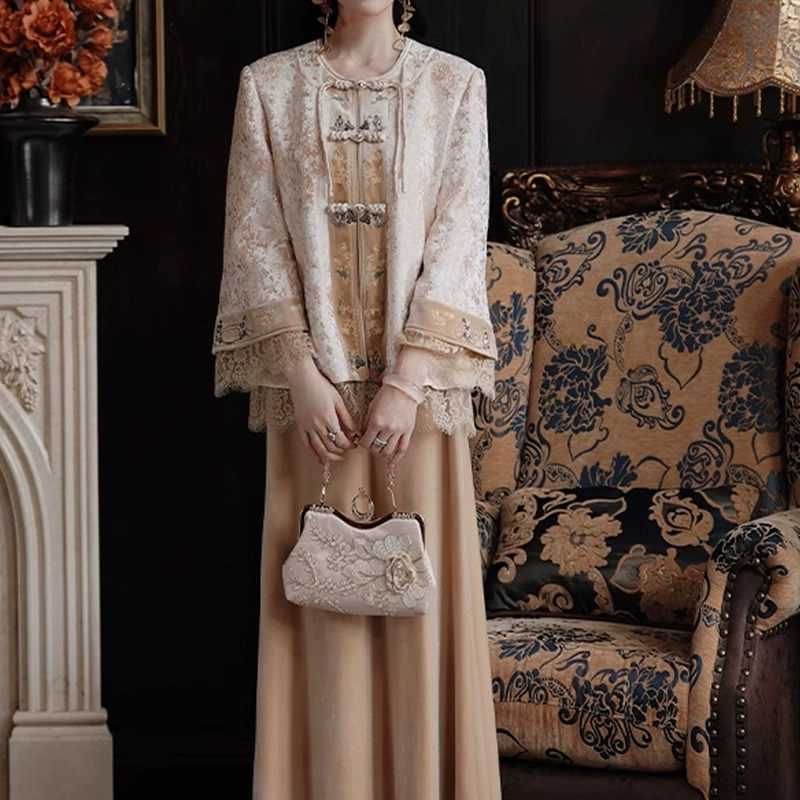 Кружевной жакет, юбка, китайский стиль, с вышивкой, стиль Chanel