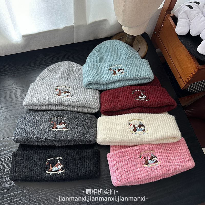 卡通可爱刺绣滑板小狗针织帽子女秋冬季保暖百搭慵懒显脸小包头帽|undefined