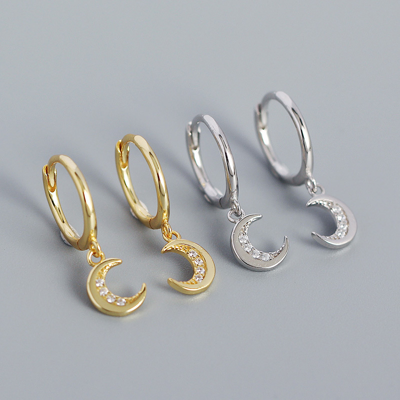 3g Weight Silver Rhinestones Moon Earrings