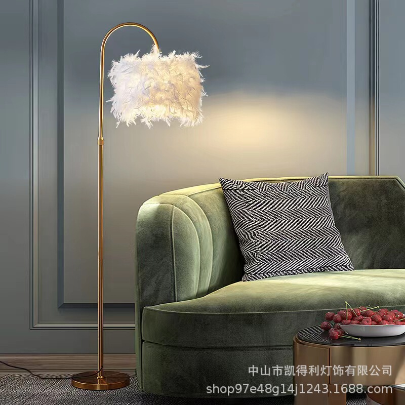 Cross-Border fashion White Feather fishing floor lamp luxury golden living room bedroom decoration LED curved floor lamp