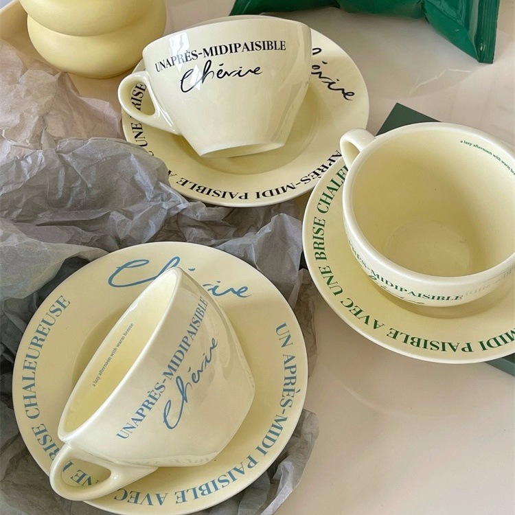 韩式ins法文咖啡杯碟复古奶油色陶瓷杯高级感早餐杯下午陶瓷餐具
