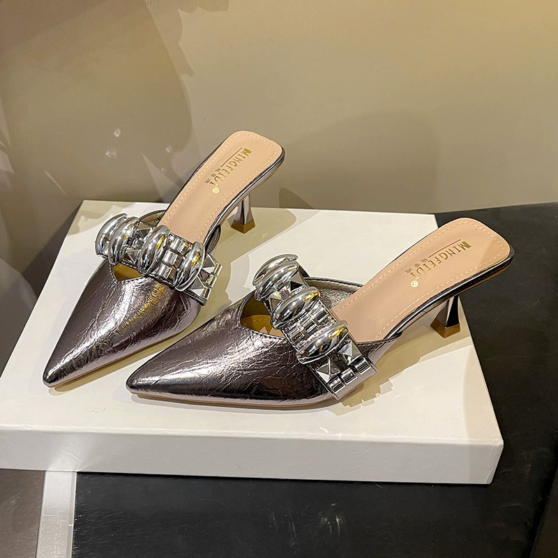 2025 новые летние женские полусандалии с острым носком, стразами, тонким каблуком, высоким каблуком и одной ремешком, универсальные