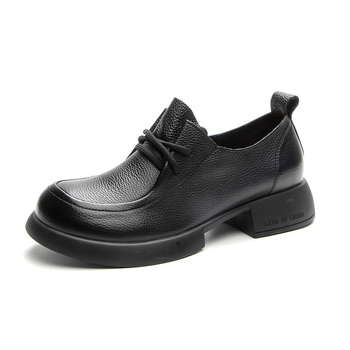 Women's Single Shoes  Autumn New Thick Heel Soft Sole Washed Full Grain Soft Calfskin Retro Style Women's Laced Deep Mouth Shoes