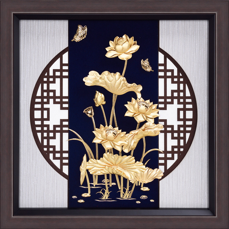 现代简约新中式风荷花立体金箔装饰画乔迁新居实用礼品莲花装饰画