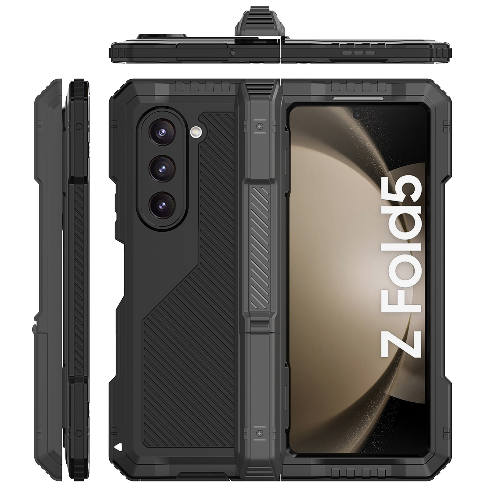Ốp lưng Samsung Z Fold4/Fold5 kim loại ba lớp chống sốc, chống bụi, có chân đế — đen, đỏ