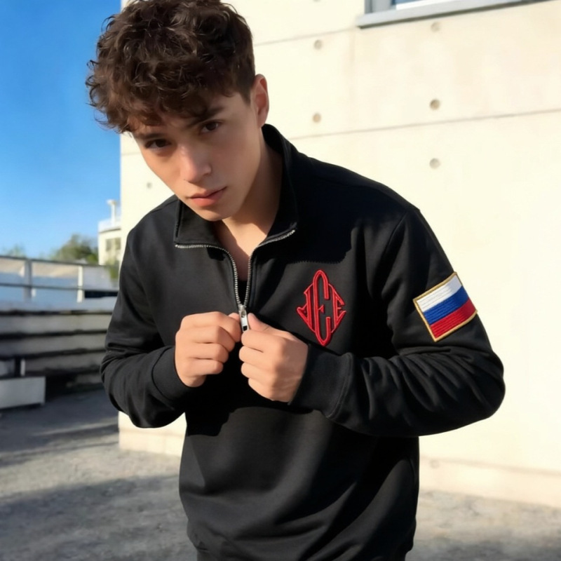 Embroidered In-Stock Stand Collar Zip-Up Polo Sweatshirt Pure Cotton Russian Wb Cross-Border Pullover Ozone Top Embroidered In-Stock Stand Collar Zip-Up Polo Sweatshirt Pure Cotton Russian Wb Cross-Border Pullover Ozone Top