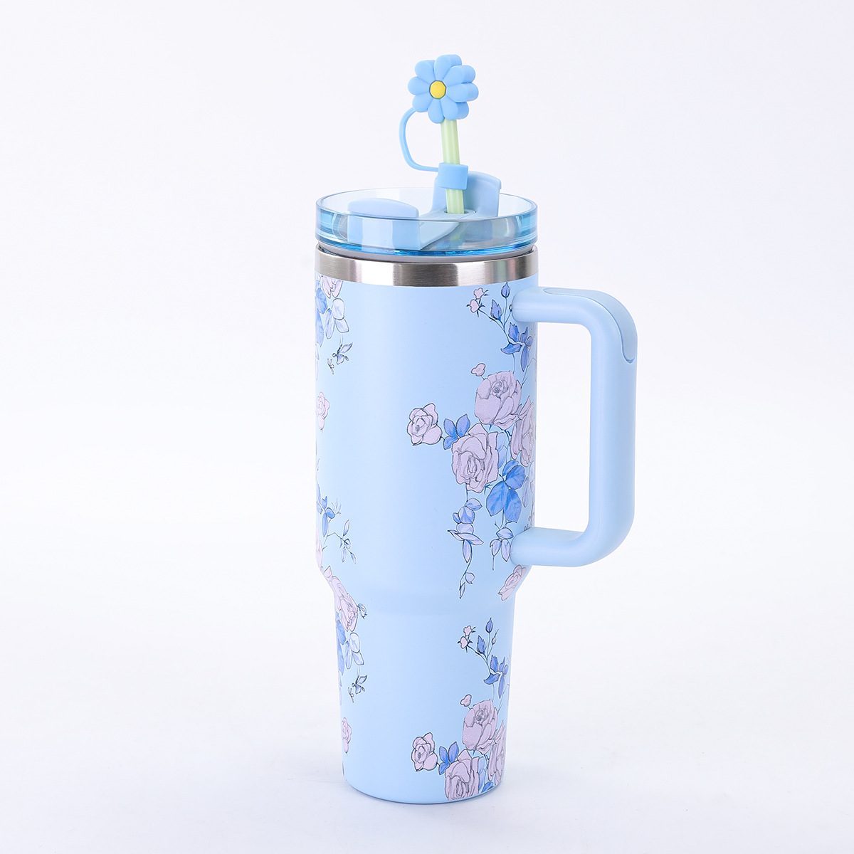 Vaso de Acero Inoxidable de 40 oz con Asa Floral, Gran Capacidad, Aislamiento al Vacío, Portátil para Exteriores con Pajita