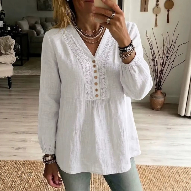 2026 Autumn New Cross-Border European and American Amazon Independent Site V-Neck Popular Lace Button Long-Sleeve Casual Shirt