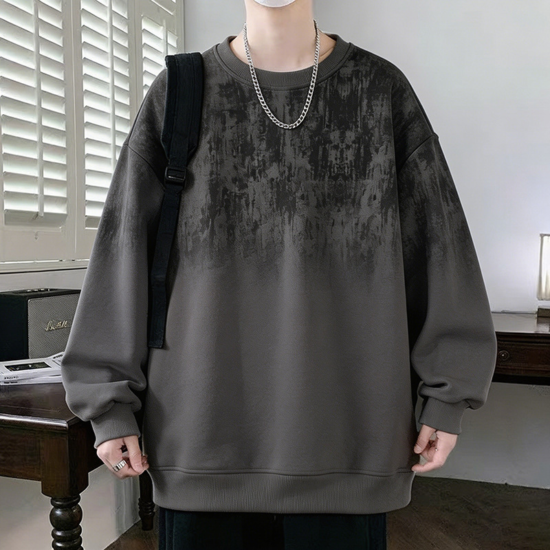 Gradient sweatshirt for men, spring and autumn, American retro style, round neck, long sleeve t-shirt, loose fit, plus size men's clothing
