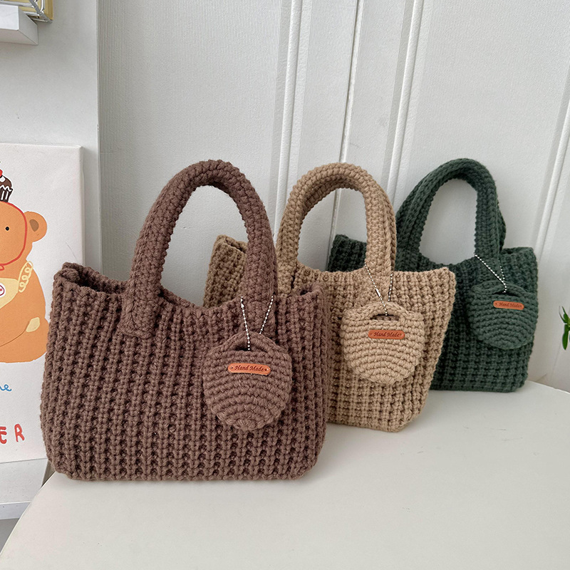 Bolsa de tejido coreana ins bolsas de gancho hechas a mano de color sólido bolsas de lana lindas bolsas de mano de otoño y invierno para llevar bolsas de teléfono móvil