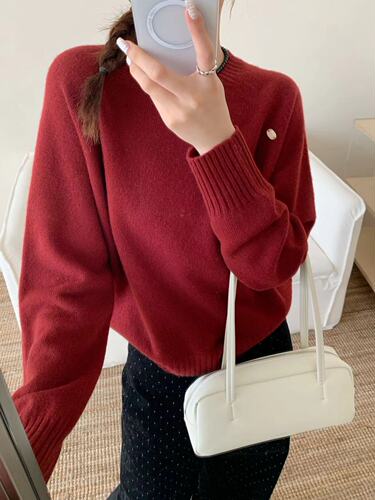 Seamless integrated solid color wool round-neck long-sleeved sweater for women in autumn and winter warm loose all-matching pullover