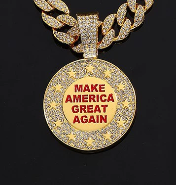 Ожерелье, хип‑хоп подвес с полным инкрустацией «MAKE AMERICA GREAT AGAIN», золото/серебро, опция 18" кубинская цепь