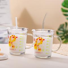 Graduated Glass Cup for Kids, Milk Mug with Measurements, Breakfast Cup for Drinking Milk, Formula-Mixing Bottle with Straw and Handle