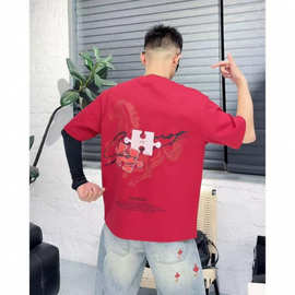 纯棉男士短袖T恤创意拼马印花圆领夏季潮牌半袖休闲百搭青年上衣