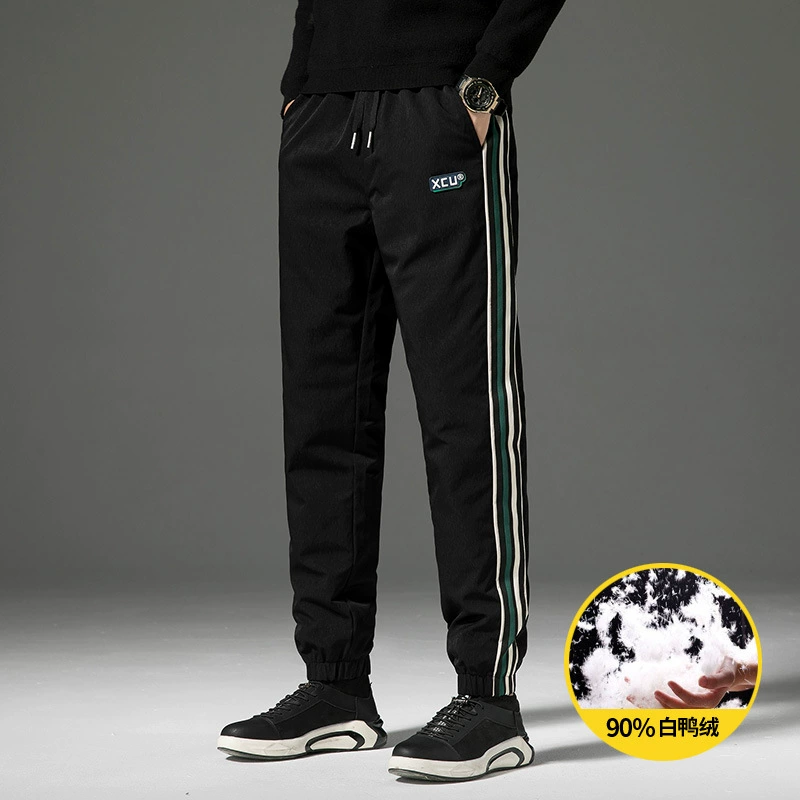 Новые зимние Пуховые брюки, мужская верхняя одежда, утолщенные полосатые белые брюки на утином пуху, зимние теплые брюки