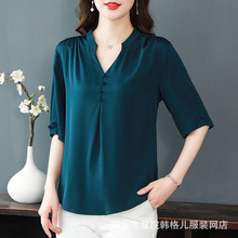 夏季桑蚕丝中年妈妈上衣衬衣女夏装短袖真丝衬衫T恤中老年小衫