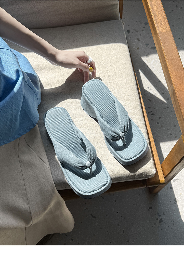 Dép xỏ ngón nữ đế dày denim đi biển mùa hè — Màu đen, Xanh denim chi tiết 7