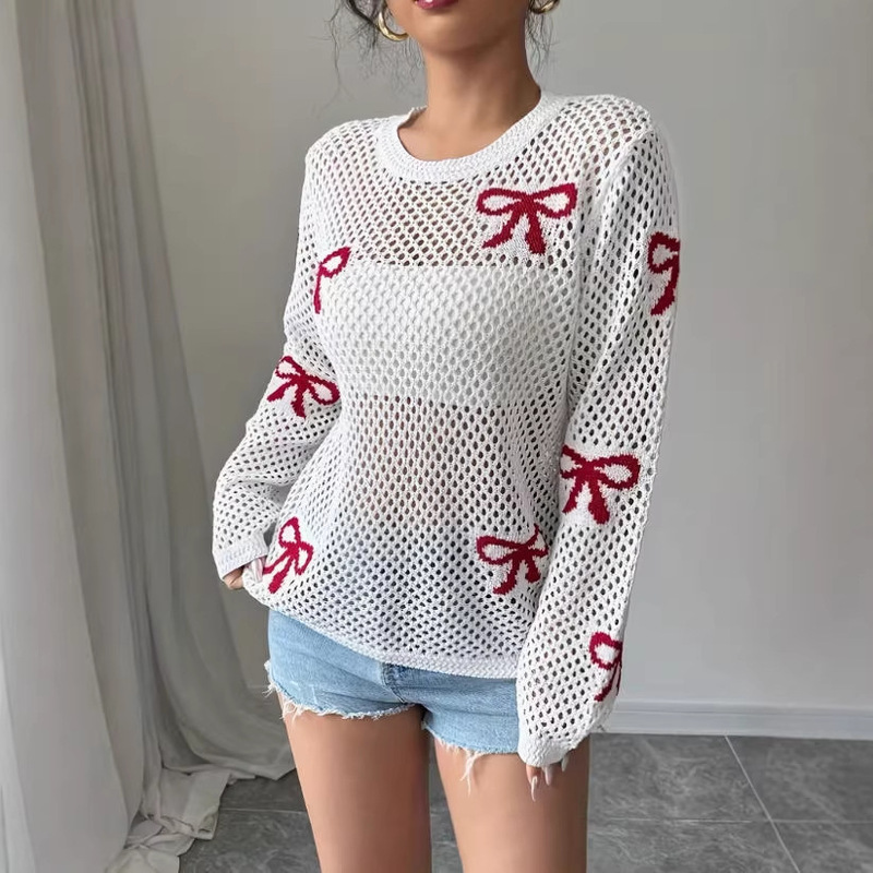 Gu Yi Cross-Border Women's Spring and Summer Knitted Hollow Mesh Cover-Up Blouse with Bow Jacquard for Seaside Vacation, Women's Sun Protection Shirt