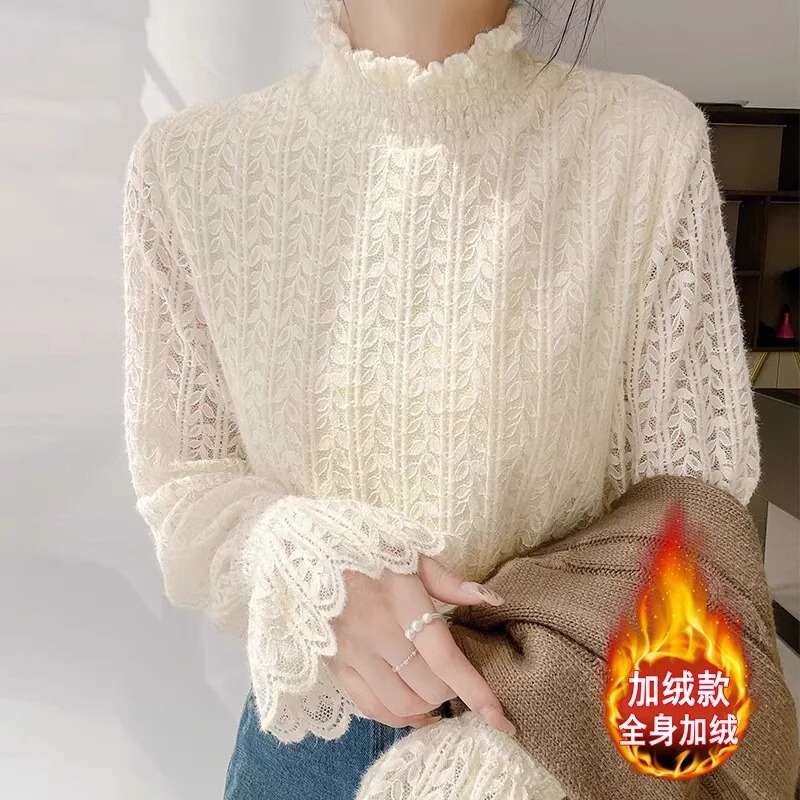 Half-turtleneck fleece-lined Thickened Lace Shirt Women's Backing Stylish Inner Shirt 2024 Autumn and Winter Fashionable Elegant Top Half-turtleneck fleece-lined Thickened Lace Shirt Women's Backing Stylish Inner Shirt 2024 Autumn and Winter Fashionable Elegant Top