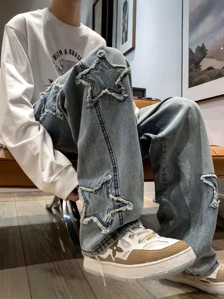 Vintage Men's Straight Loose Wide-Leg Jeans American High Street Style Trendy Brand Cool Five-Pointed Star Design