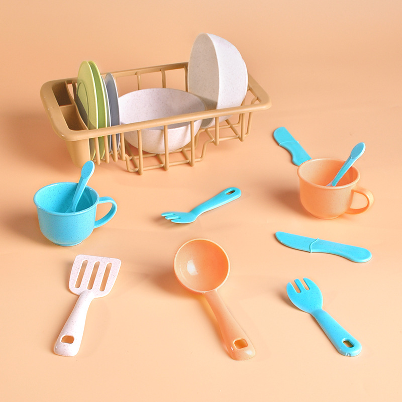 Children's Pretend Play Kitchen Sink Drain Basket Pretend Role-Playing Game Toy Set with Bowls, Chopsticks, Knives, Forks and Plates