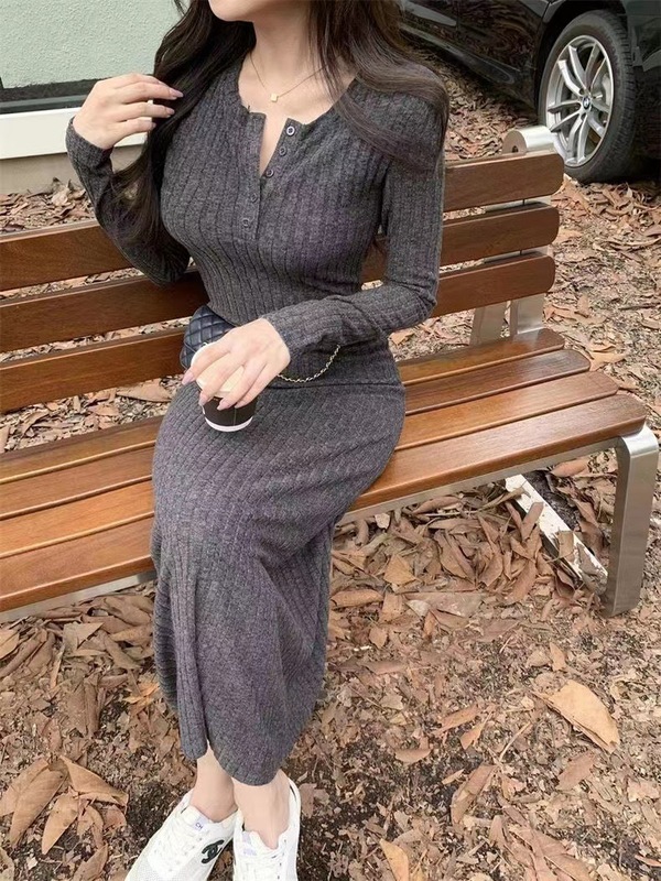 法式气质针织毛衣连衣裙女秋冬季新款大衣内搭打底修身长裙子|undefined