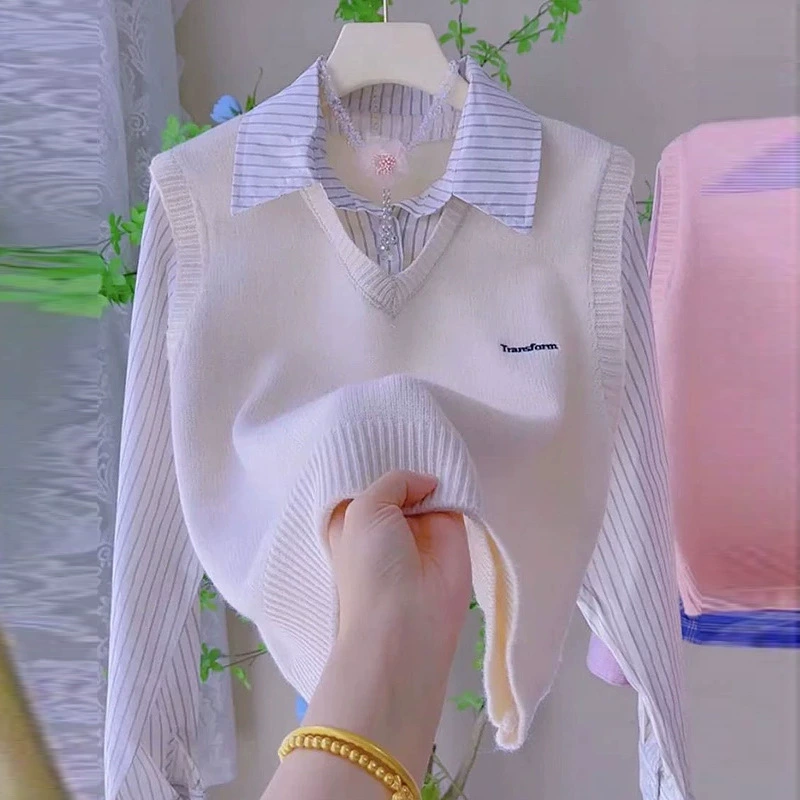 Поддельная трикотажная рубашка из двух частей Женская весна и осень 2025 новая школа в полоску жилет