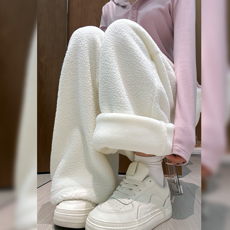 Autumn and Winter Women's Pants Teddy Velvet Lamb Wool Thickened Loose Wide-Leg Drawstring Leggings Two-Wear Warm Casual Pants Wholesale