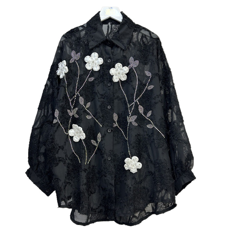Chemisier polyvalent grande taille – Chemise à revers à fleurs 3D et diamants pour une élégance sans effort_voghion.com