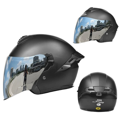 Three-Quarter Riding Helmet, Motorcycle Safety Supplies - matte-black-3c-certification-class-a-silver-plated-mirror-one-size-fits-all-suitable-for-head-circumference-55-62