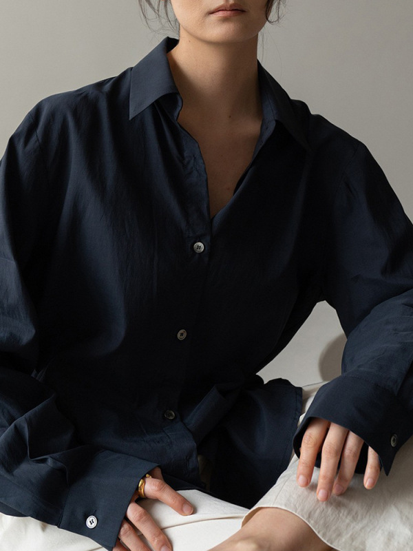 高端天丝棉长袖衬衫秋季简约翻领上衣宽松开衫女高级感通勤衬衣|undefined