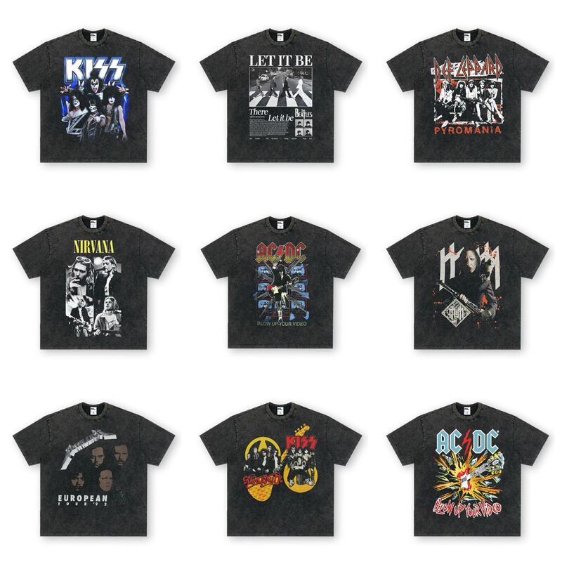 Cross-Border Foreign Trade 3D Digital Printing High Street American Retro Band Short-Sleeve T-Shirt Loose Small Neckline Round Neck Top