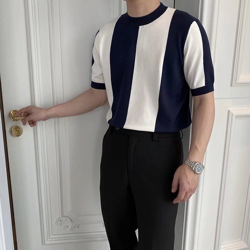 Fashion Striped Sheer Short-Sleeve T-Shirt for Men: Casual, Simple, Fitted Top with Trendy Knit Shirt