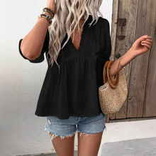 2025欧美亚马逊独立站蕾丝上衣蝴蝶袖V领休闲飘逸荷叶边短袖