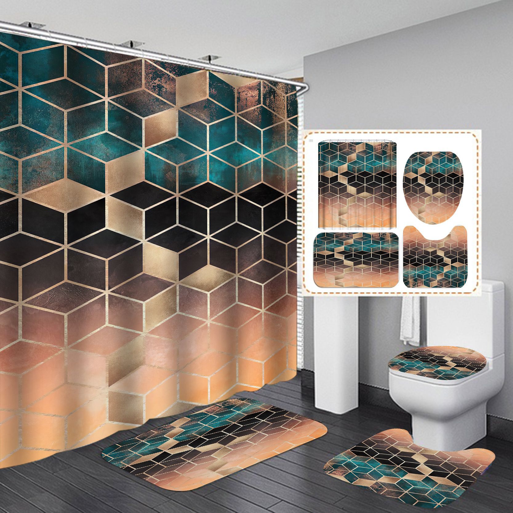 Comercio electrónico transfronterizo HD impresión digital geométrica textura de mármol baño cortina de ducha fuente de entrega cortina de ducha conjunto de cuatro piezas
