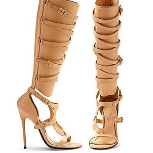 European station solid color multi-strap hollow-out fashion knee-length sandals sexy TOM sandals sexy heels