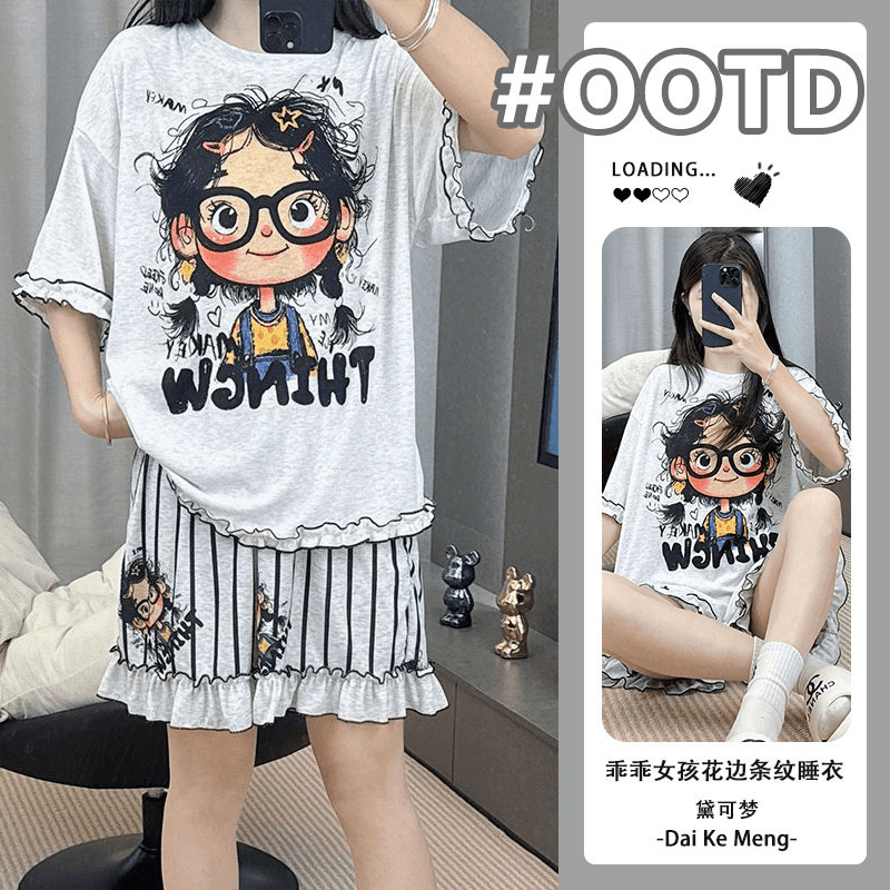 Fat mm Cartoon Eyes Cute Girl Short-Sleeved Home Clothes Cool Two-Piece Set Can Be Worn Outside Home Clothes Summer Fat mm Cartoon Eyes Cute Girl Short-Sleeved Home Clothes Cool Two-Piece Set Can Be Worn Outside Home Clothes Summer