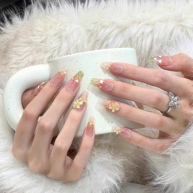 Tulip Handmade Wearable Nails New Style Hand-Painted Nail Art Printed Yellow Flower Fake Nails Removable Finished Product