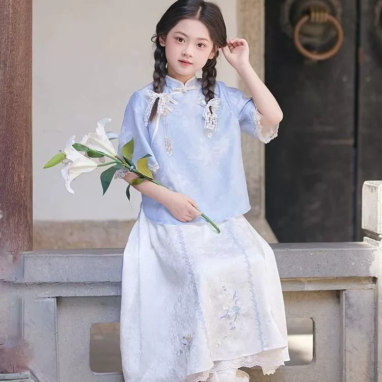 [汉服女童夏2025新款儿童新中式国风旗袍女孩古风日常可穿套装兔毛]