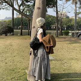 黑色格子半身裙女日系学院风小个子格纹a字裙高腰中长款大摆伞裙