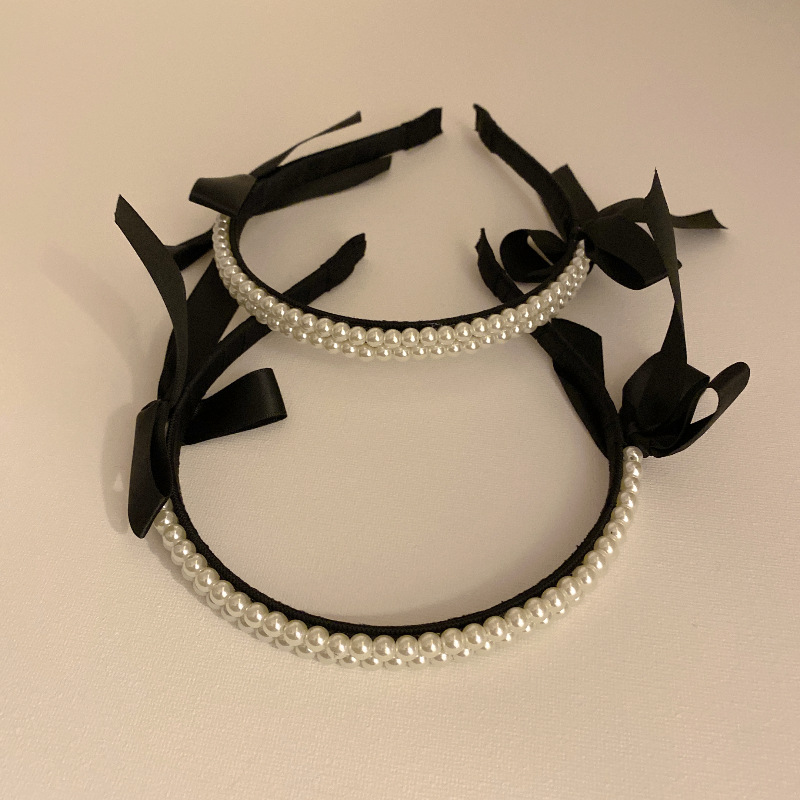 Schwarzes Perlen-Stirnband mit Schleife für Damen im Sommer, High-End-Retro-Stil, französischer Stil, elegantes Presse-Stirnband, koreanische Kopfbedeckung für Frauen_voghion.com