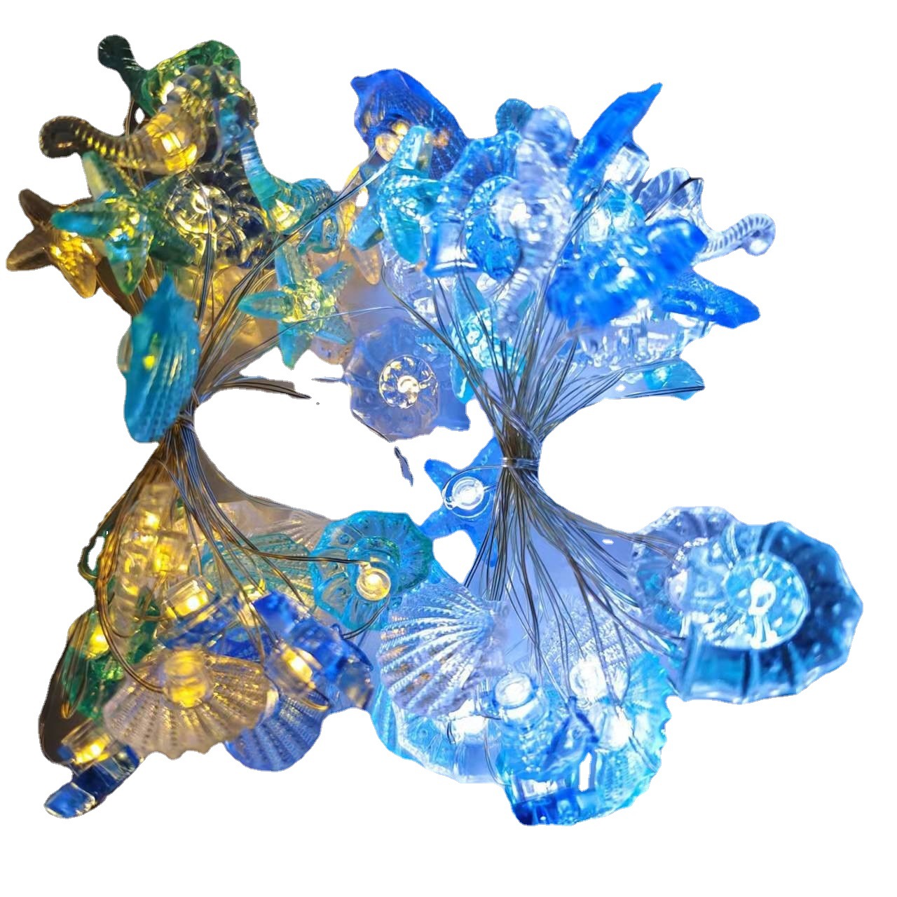 Serie de accesorios solares cruzados, cadena de luces, tema náutico, caballito de mar, concha de caracol, estrella de mar, cadena de luz decorativa verde