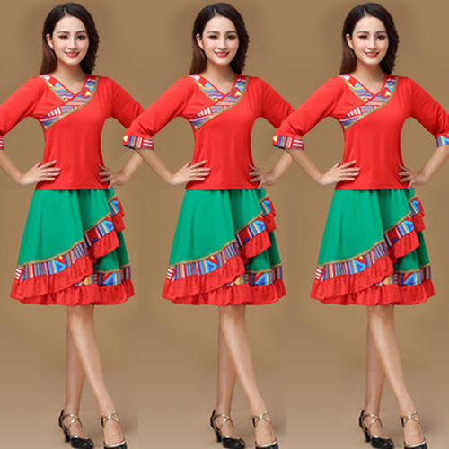 Square dance costume suit female Tibetan dance new mid-sleeve dance skirt ethnic style performance dance costume spring and summer