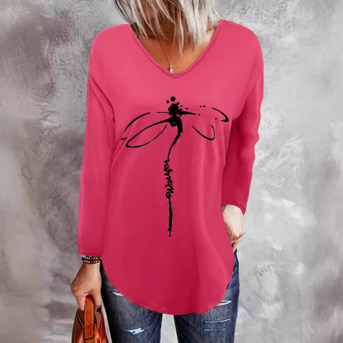 European and American Cross-Border Women's Long-Sleeve T-Shirts, Bamboo Dragonfly Design, Women's V-Neck Tops—Loose Fit, Bestselling for Summer