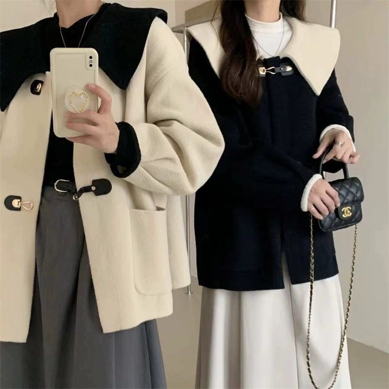 撞色娃娃领毛呢外套女2025秋冬新款设计感翻领加厚小个子呢子大衣|undefined