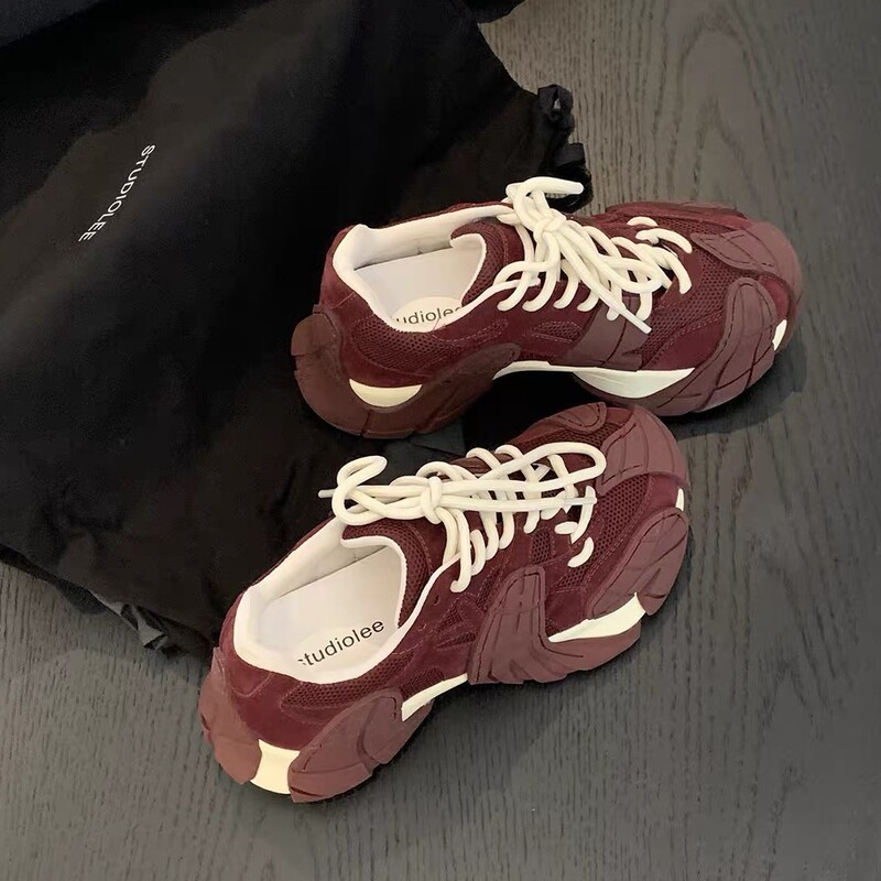 Cowhide Version ~ 6cm Height Increase Octopus Daddy Shoes for Women with Front Lace-Up Mesh Stitching Casual Thick-Soled Sports Shoes for Women