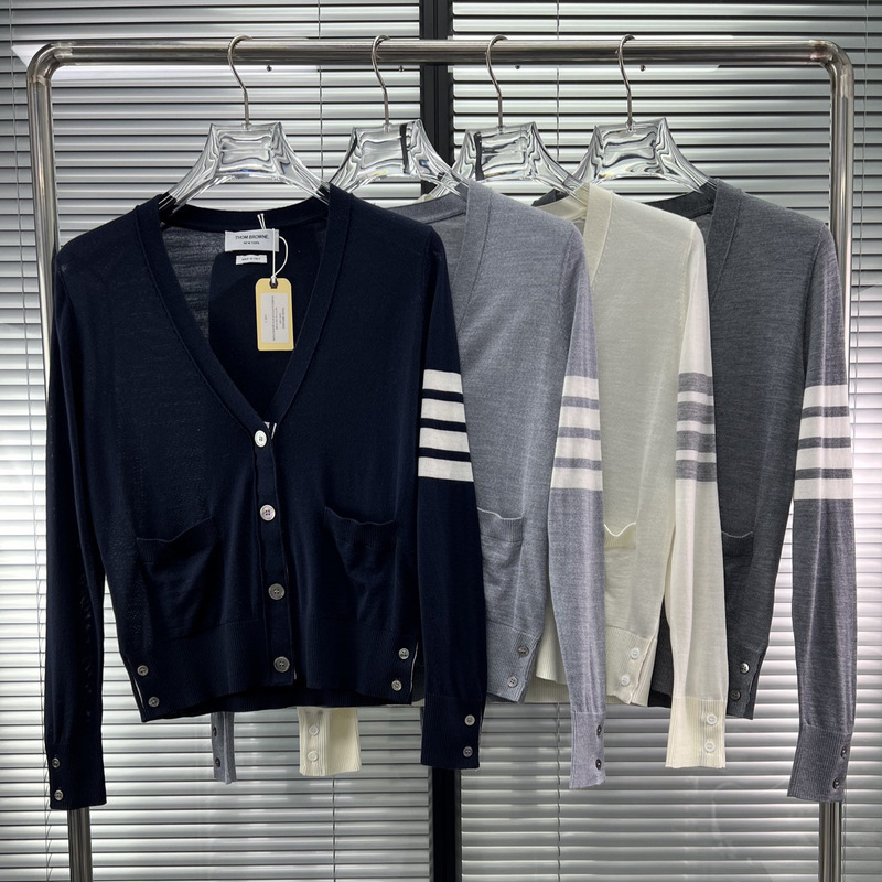 Tb Tom High Version Classic Four-Bar Stripesd Four-Button Wool Knitted Thin Soft and Delicate Skin-Friendly V-Neck Cardigan